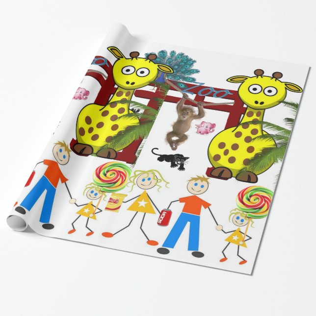 Glossy Wrapping Paper, Zoo Giraffe Monkey Wrapping Paper (Unrolled)