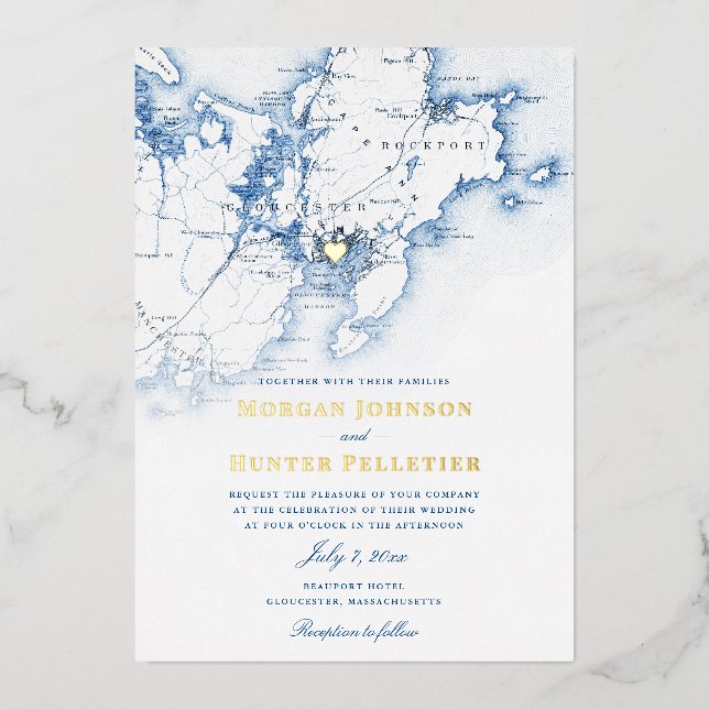 Gloucester Cape Ann Wedding Elegant Navy and Gold Foil Invitation (Front)