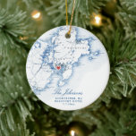Gloucester Cape Ann Wedding Our First Christmas  Ceramic Ornament<br><div class="desc">This beautiful ceramic Gloucester destination wedding Christmas Ornament is perfect to celebrate a couple's first Christmas as Mr. and Mrs.! Printed on durable ceramic, this navy blue map ornament makes a lovely wedding gift that will be cherished for years. You can move the heart and the map by clicking "Edit...</div>