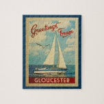 Gloucester Jigsaw Puzzle Sailboat Massachusetts<br><div class="desc">This Greetings From Gloucester Massachusetts vintage travel nautical design features a boat sailing on the water with seagulls and a blue sky filled with gorgeous puffy white clouds.</div>