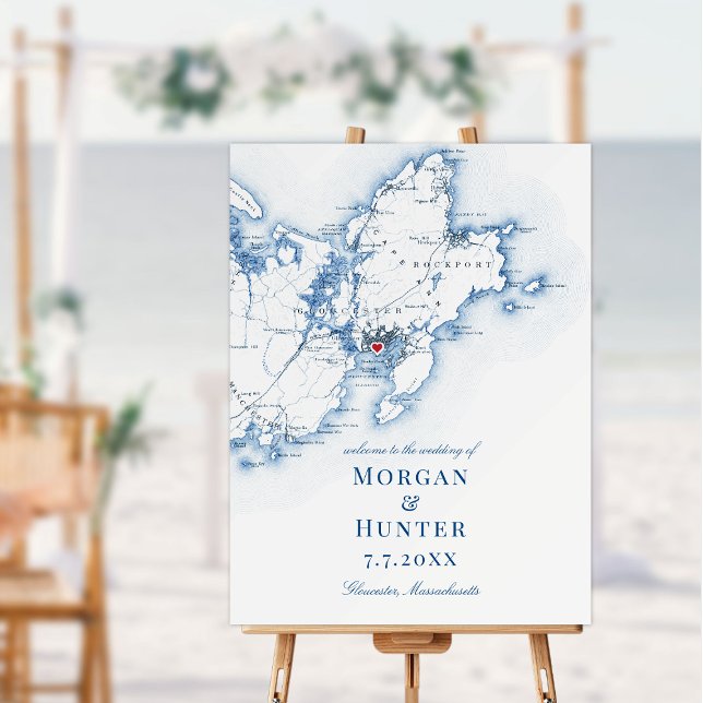 Gloucester MA Destination Wedding Welcome Sign (Gloucester MA Wedding Welcome Foam board sign 18x24 elegant navy blue map by Coastal Map Designs)
