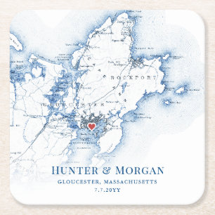 Gloucester Massachusetts Navy Blue Map Wedding Square Paper Coaster