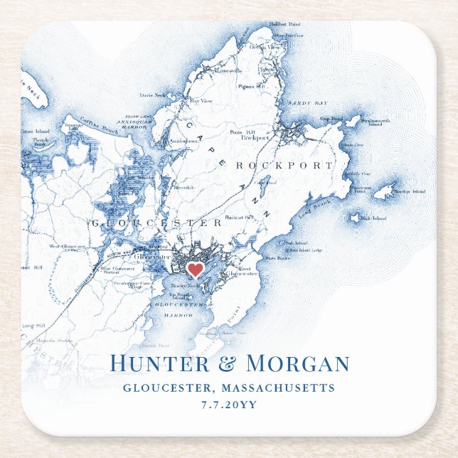 Gloucester Massachusetts Navy Blue Map Wedding Square Paper Coaster (Front)