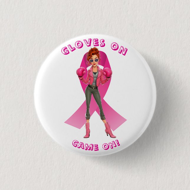 Gloves On, Game On! Breast Cancer Awareness Button (Front)
