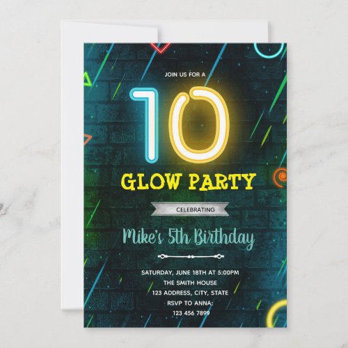 Glow 10th birthday party invitation