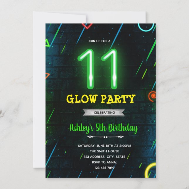 Glow 11th birthday party invitation (Front)