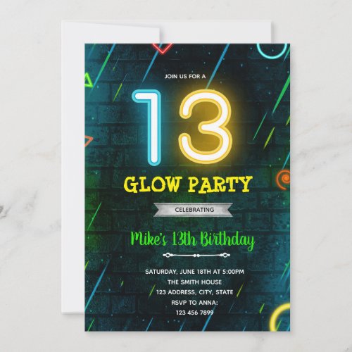 Glow 13 party invitation