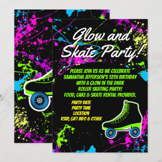 Glow and Skate Roller Skating Kids Birthday Party Invitation