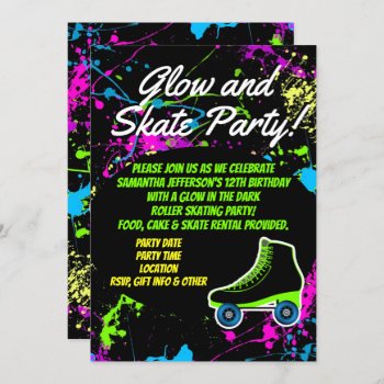 Glow And Skate Roller Skating Kids Birthday Party Invitation by CustomInvites at Zazzle