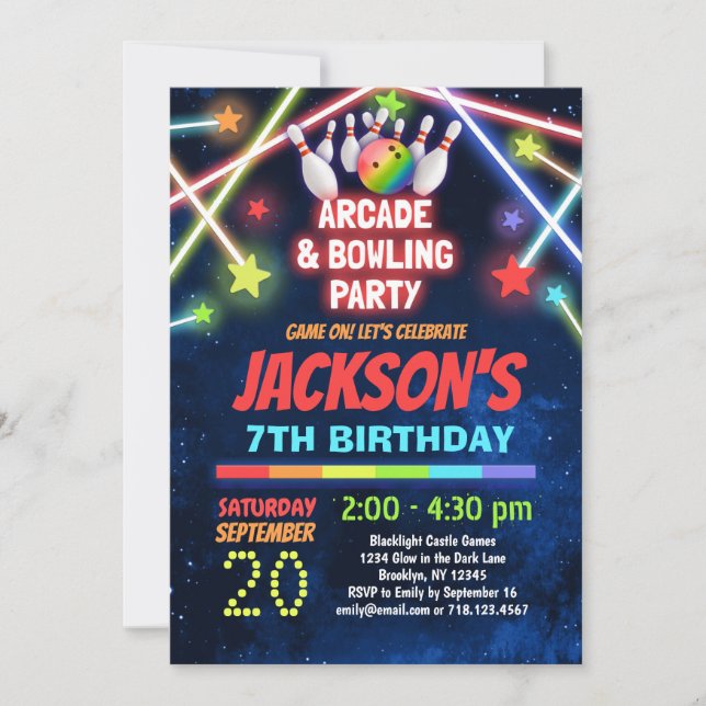 Glow Arcade Bowling Birthday Party  Invitation (Front)