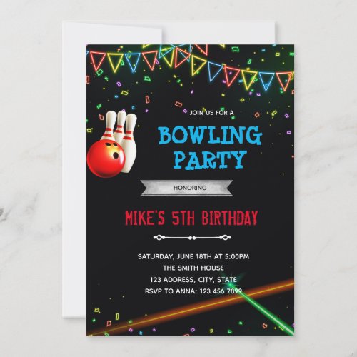 Glow arcade bowling party invitation