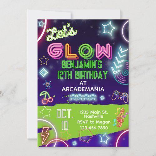 GLOW Birthday Gaming Arcade Party Glow Neon 80s Invitation