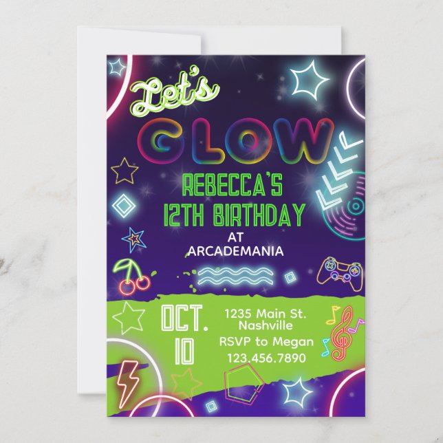 GLOW Birthday Gaming Arcade Party Glow Neon Tiedye Invitation (Front)
