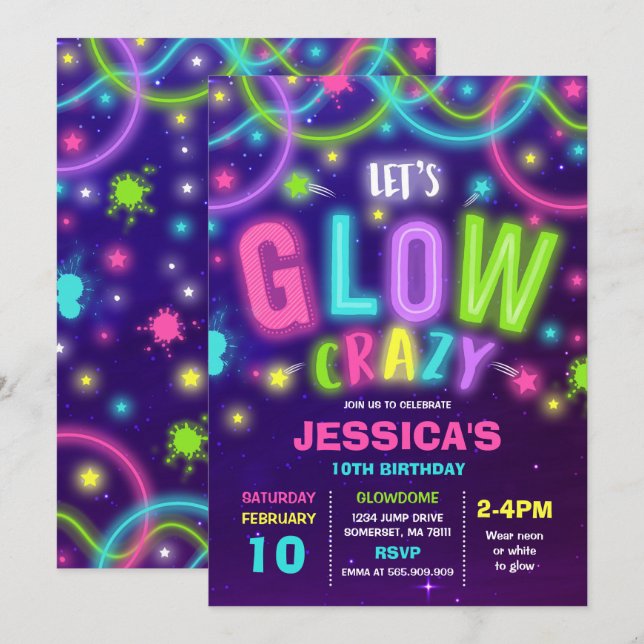 Glow Birthday Invitation Neon Glow Dance Party (Front/Back)