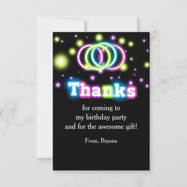 Glow Birthday Party Neon Lights Thank You Card (Front)