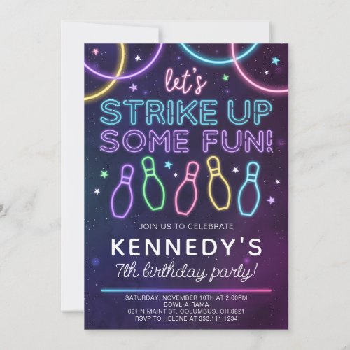 Glow Bowling Birthday Party Invitation Fun Colors
