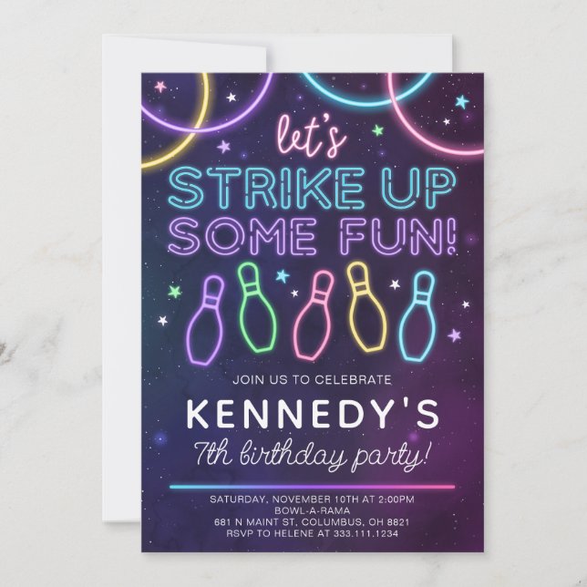 Glow Bowling Birthday Party Invitation Fun Colors (Front)