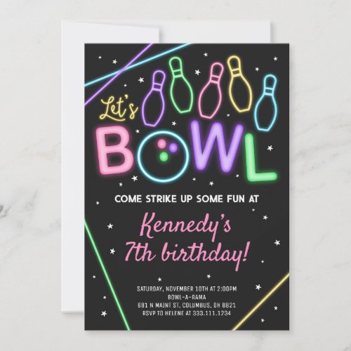 Glow Bowling Birthday Party Invitation Neon Colors
