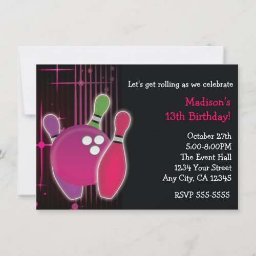 Glow Bowling Bowl Girls Birthday Party Invitation