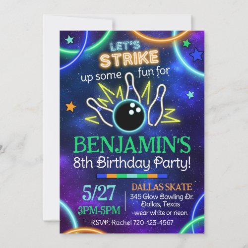 Glow Bowling Invitation, Glow Bowling Birthday Inv