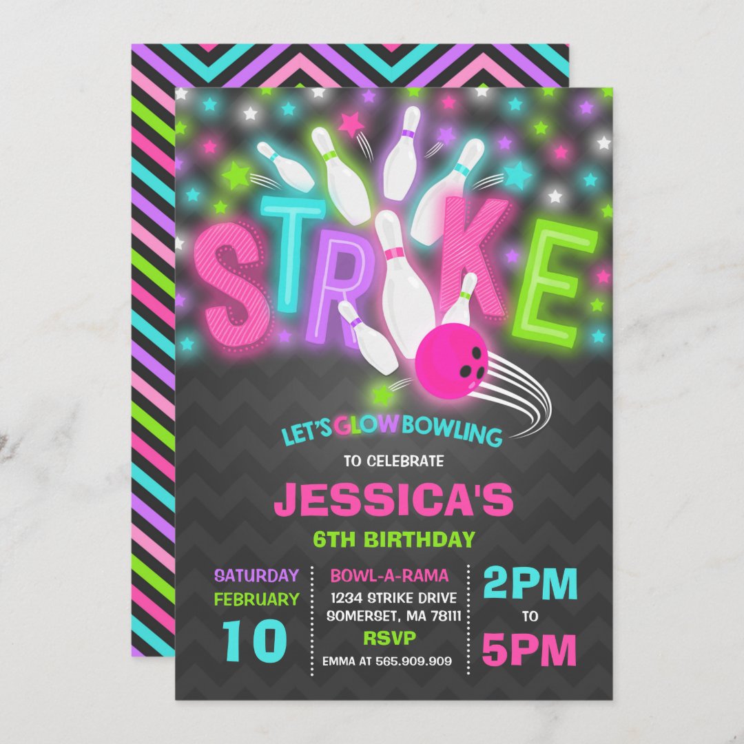 Glow Bowling Invitation Neon Glow Bowling Party Zazzle
