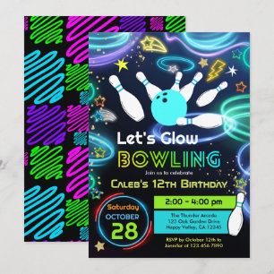 Glow Bowling Kid Birthday Party Neon Color  Invitation