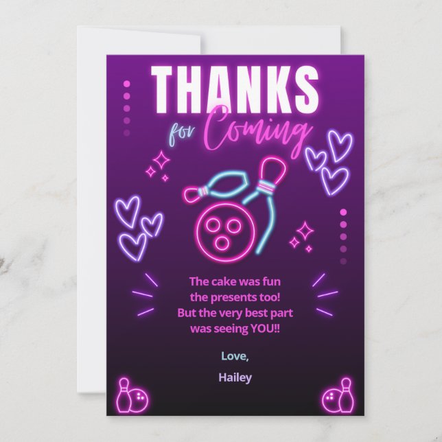 Glow Bowling Party Birthday Thank You Card (Front)