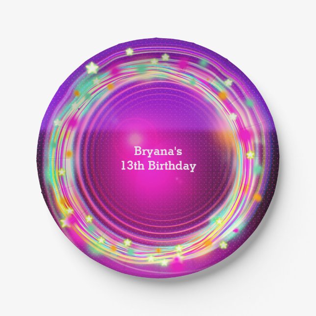 Glow Circles & Stars Birthday Party Plates (Front)