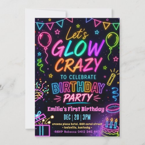 Glow Crazy Girl Birthday Invitation