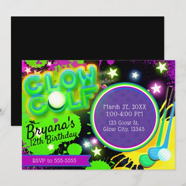 Glow Golf Birthday Party Glowing Stars Purple Invitation (Front/Back)