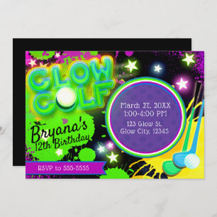 Glow Golf Birthday Party Glowing Stars Purple Invitation