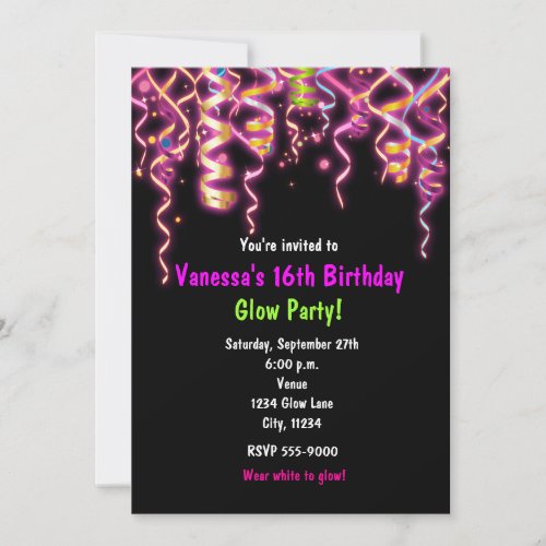 Glow in Dark Birthday Party Streamers Invitation
