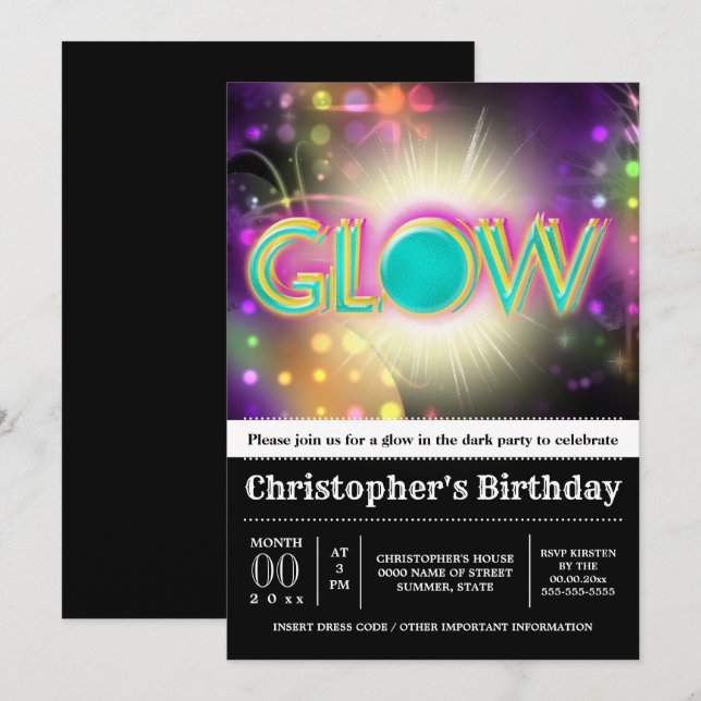 Glow in dark party sparkling night lights fun invitation (Front/Back)