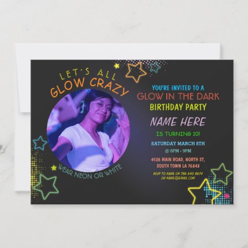 Glow In The Dark Birthday Neon Party Photo Paint Invitation