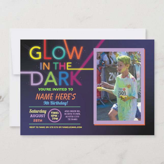 Glow In The Dark Birthday Paint Dance Party Photo Invitation (Front)