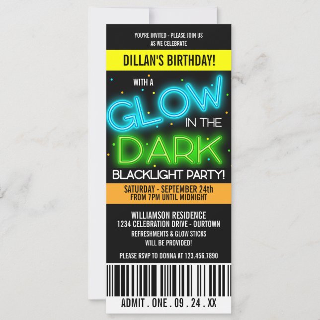 Glow in the Dark Birthday Party Invitation (Front)