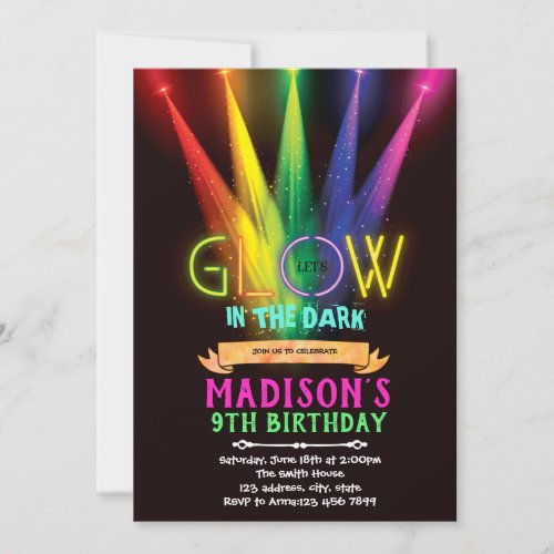 Glow in the dark birthday party invitation