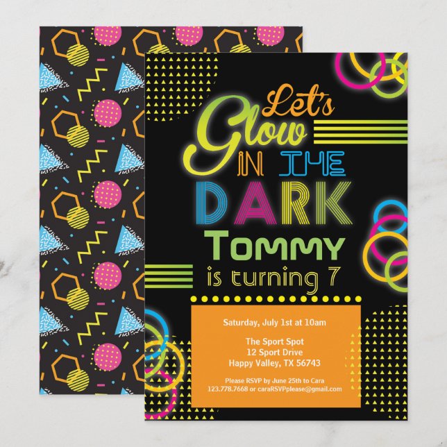 Glow in the dark birthday party orange invitation (Front/Back)