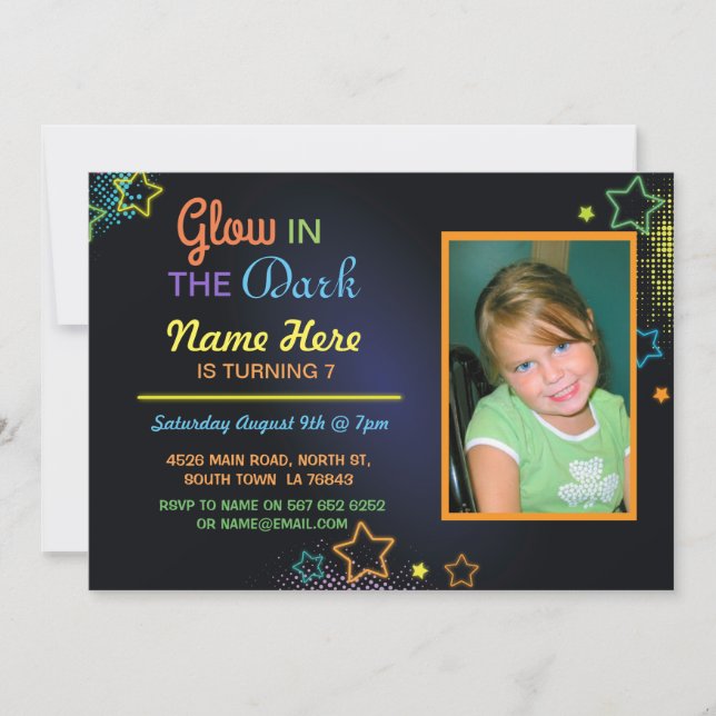 Glow in the Dark Birthday Photo Invite Kids Party (Front)