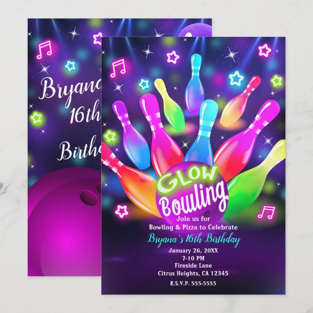 Glow in the Dark Bowling Bowl Birthday Party Invitation (Front/Back)