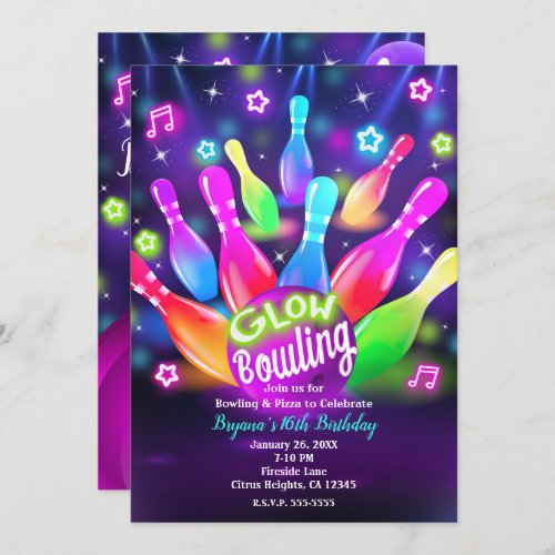 Glow in the Dark Bowling Bowl Birthday Party Invitation