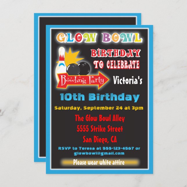 Glow in the dark bowling party invitations (Front/Back)