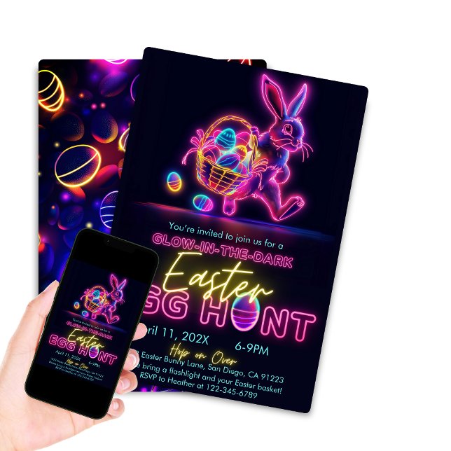 Glow in the Dark Easter Egg Hunt Neon Party  Invitation (Glow in the Dark Egg Hunt for Easter Bunny, Neon Easter Egg Hunt)