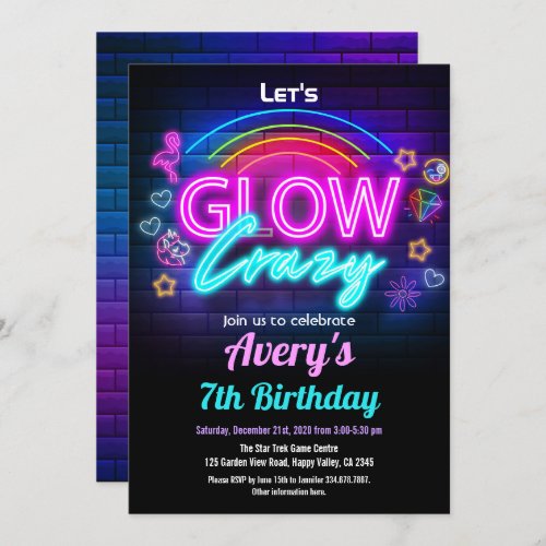 Glow In The Dark Girl Birthday Party Invitation