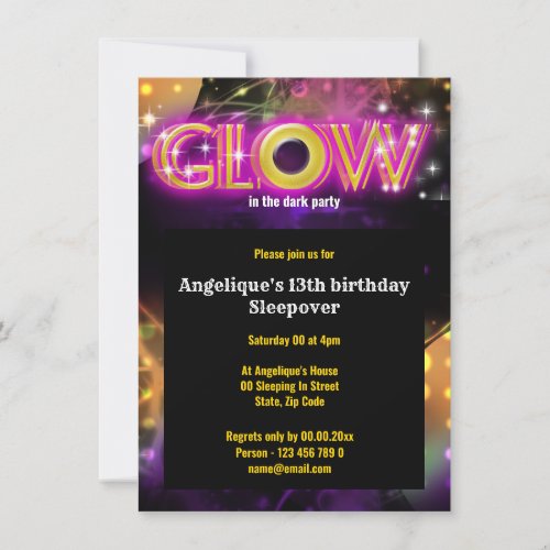 Glow in the dark kids glow party invitation