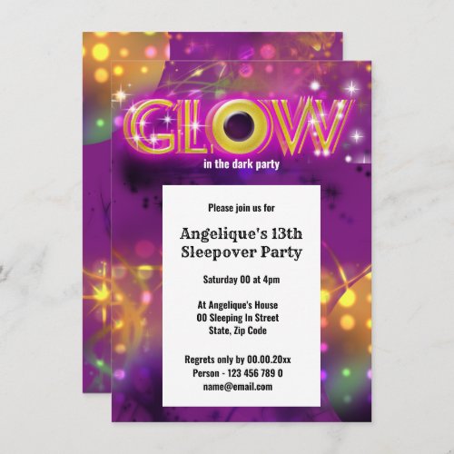 Glow in the dark kids neon party invitation