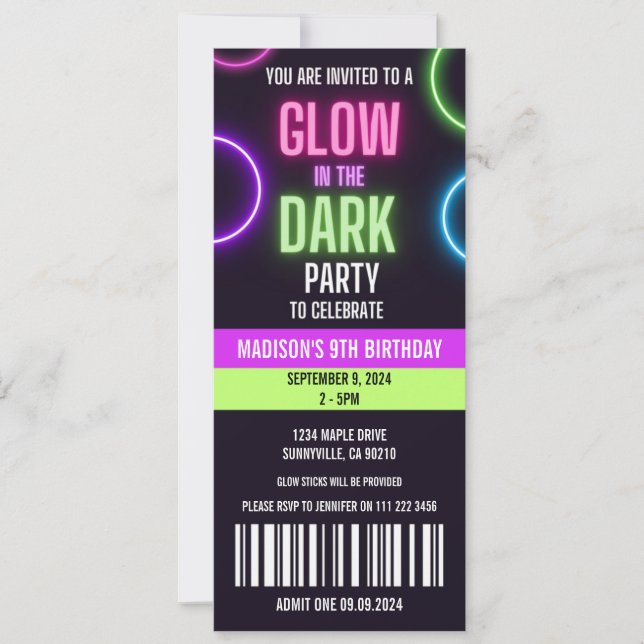 Glow In The Dark Neon Birthday Ticket Invitation (Front)