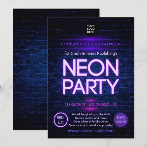 Glow in the Dark Neon Corporate party invitation