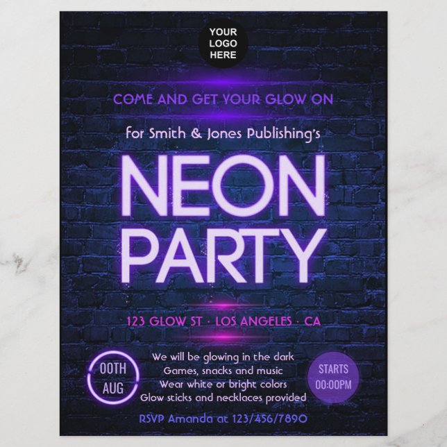 Glow in the Dark Neon Corporate party invitation Flyer (Front)