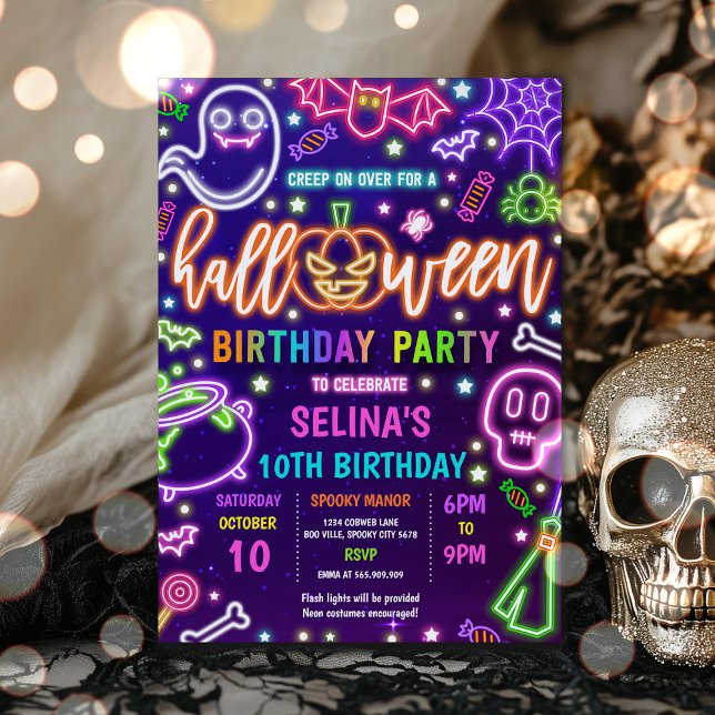 Glow In The Dark Neon Halloween Birthday Party Invitation (Creator Uploaded)